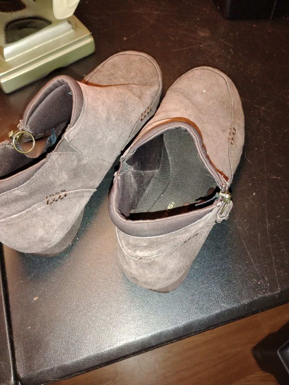 Skechers Gray Suede Zip-Back Clog Mules